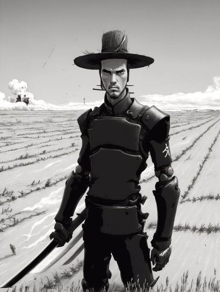 <lora:blame5:1>  blame, PORTRAIT, looking at viewer, full body view, smoke, battle scene, robot Samurai, wheat field, Japanese village, weapon, sword, sedge hat