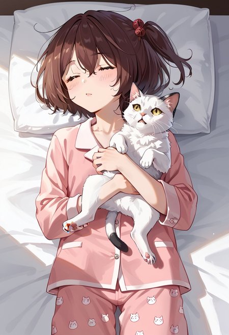 score_9, score_8_up, score_7_up, score_6_up, score_5_up, score_4_up, detailed eyes, detailed skin, source_anime, source_anime, masterpeice, best quality, very aesthetic, absurdres, BREAK, Komari_Chika, 1girl, yellow_eyes, brown_hair, short_hair, one_side_up, flat_chest, BREAK, pajama, pajama pants, BREAK, in bed, lay down, on back, lay in bed, sleeping, eyes closed, peacefully, cat, big cat, cuddling with cat, :3, sfw, rating save,