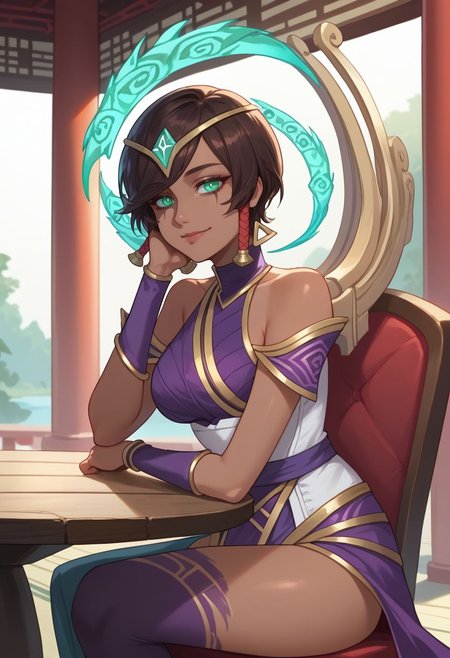 score_9, score_8_up, score_7_up, source_anime, 1girl, karmadef, green eyes, glowing eyes, black hair, brown hair, short hair, dark skin, dark-skinned female, medium breasts, earrings, jewelry, hair tubes, hair ornament, tiara, bare shoulders, purple dress, backless outfit, pelvic curtain, purple thighhighs, single thighhigh, sitting, on chair, table, head rest, smile, closed mouth, looking at viewer, indoors, shrine, portrait, close-up, upper body, facing viewer, <lora:Karma_v1-000010:1>