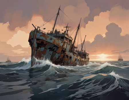 By JoFoGriGreToc. A digital illustration shoot from the side about a ship in rough seas during sunset. the image features a large, dilapidated ship in the middle of the frame, surrounded by turbulent waves. the ship appears to be in a state of disrepair, with rust and peeling paint visible on its hull. The sky is a mix of warm oranges, pinks, and purples, with a few wispy clouds scattered across the horizon. in the background, another ship can be seen in the distance, slightly out of focus. the overall mood of the image is desolate and desolate, with the ship standing out against the stormy backdrop.