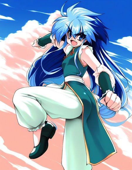 score_9, score_8_up, score_7_up, source_anime, rating_explicit, BREAK  <lora:Ryuho_QOD_XL:1>  Ryuho_QOD, blue hair, blue eyes, light blue hair, long hair, small breasts, multicolored hair, two-tone hair, 
1girl, solo,  chinese clothes, 1990s (style), pants, fang, open mouth,ãwhite pants, fighting stance, shoes, green China dress,
sky, day,