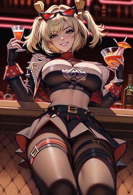 appearance: burnice, orange eyes, blonde hair, short hair, two side up, hair ornament
outfit: eyewear on head, black jacket, cropped jacket, long sleeves, fingerless gloves, black tube top, turtleneck, cleavage, midriff, belt, black skirt, black thighhighs, red thigh strap, barefoot
1 girls, sit on bar chair, holding drink. cocktail, look at viewer, kind smile, smirk, look from below
Cozy room, bar, detailed background, morning