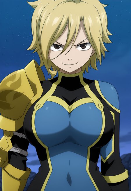masterpiece, best quality, newest, absurdres, highres, anime screenshot, anime coloring, fairy tail, dark, outdoors, night, closed mouth, 1girl, solo, dimaria, brown eyes, bangs, short hair, blonde hair, hair between eyes, multicolored bodysuit, blue bodysuit, black bodysuit, yellow trim, skin tight, single pauldron, yellow pauldron, single gauntlet, yellow gauntlet, looking at viewer, smug, grin  <lora:Dimaria_Yesta_all_in_one_last_Illustrious:1>