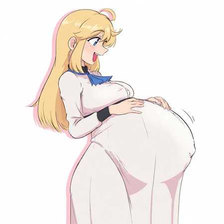 masterpiece, best quality, amazing quality, very aesthetic, absurdres, 
1girl, solo, from side, three-quarter view, three-quarter portrait, 
, blonde hair, blue eyes, cowlick, long hair, happy, 
pregnant, big belly, 
, light pink drop shadow
white background, simple background, 
(masterpiece), (best quality), (ultra-detailed), amazing quality, very aesthetic, illustration, perfect composition, intricate details, absurdres, incredibly absurdres,anime coloring, 
 <lora:Clinkoclinko_Illu:1>, clinkoclinko,