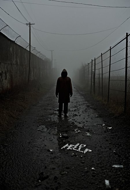 Fog-choked abandoned alley in a decaying town, cracked asphalt covered in wet newspapers and broken glass, flickering neon sign "HELP" in the distance, rusted chain-link fence vibrating unnaturally, silhouette of a distorted figure lurking in the mist, heavy grain film effect, muted colors with occasional blood-red accents, cinematic wide-angle shot, photorealistic textures, 8k, by Masahiro Ito and Roger Deakins, Silent Hill 2 ambiance