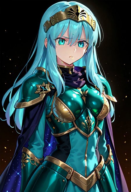 score_9, score_8_up, score_7_up, ((solo)), calm, pout, closed mouth, 1girl, solo, (medium breasts, thin waist, wide hips), peaceful, closed mouth, adult, (((eirika face))), (((cyan hair, cyan eyes))), ((long hair, hair between eyes)), (((indigo cape, metal headband, green metal_uniform, metal breast_armor))), no background, dark background, cowboy shot, dark background, portrait, Expressiveh,