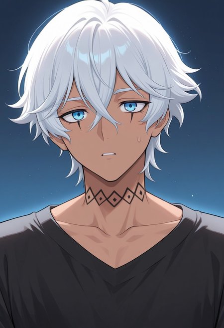 masterpiece,best quality,amazing quality, source_anime,
ifagimpa, 1boy, male focus, solo, dark skin, dark-skinned male, blue eyes, white hair, short hair, neck tattoo, collarbone, shirt, black shirt,