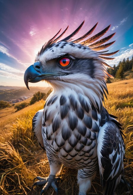 Psychedelic style (((Harpy Eagle: A massive eagle with striking black-and-white plumage and feathered crown..  These surreal scenarios are designed to be as bizarre and mind-bending as possibleâperfect for sparking creativity or imagining alternate realities!. with exaggerated expressions))). Dynamic Sports Freeze-Frame Shots: Capture athletes mid-action using burst mode combined with fast shutter speeds (1/2000s), freezing intense moments like kicks or dives perfectly crisp!. (dynamic:1.1),sun rays,
{(taken by 5mm fisheye lens:1.1)|(taken by 10mm fisheye lens:1.1)|(taken by 12.5mm fisheye lens:1.1)}, 
(Vivid, HDR, Canon50, 8K, Hyper Realistic, Dramatic, Epic, Dynamic Contrast, Cinematic Lighting, increased brightness, Zoomed Out, Far away Shot. Epic dynamic lighting , vibrant,highly detailed,psychedelic, Psychedelic, rainbow glow)
((Vivid, Epic, Dynamic contrast)) (((Zoomed out, Far away shot, In frame)), (((Cinematic)))
<lora:juggernautXL_version6Rundiffusion:0.8> <lora:crystalClearXL_ccxl:0.8>
<lora:rainbow_iris_v2:0.6> rainbow eyes <lora:EldritchCandids1.1.2:0.4> <lora:rundiffusionXL_beta:0.8> . Vibrant colors, swirling patterns, abstract forms, surreal, trippy