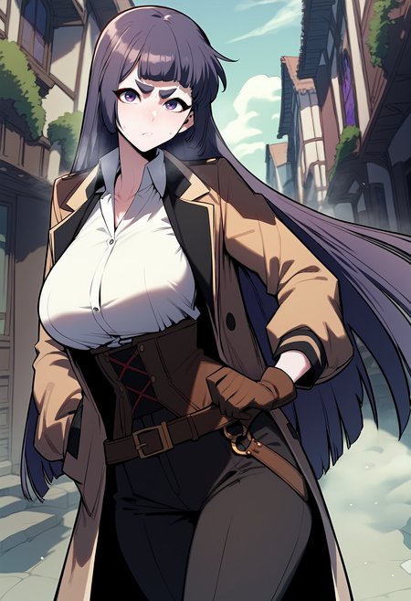 score_9, score_8_up, score_7_up, score_6_up, source_anime, rating_explicit, <lora:neg4all_bdsqlsz_V3.5:2.0>1girl, (solo:1.2), huge breasts, <lora:Andreaponyxl:1> long hair, purple hair, purple eyes, blunt bangs, hime cut, thick eyebrows, brown jacket, white shirt, collared shirt, belt, high-waist pants, black pants, glove, serious, Narrow shoulders, heavy breathing, steaming body, village, outdoors, looking at viewer
