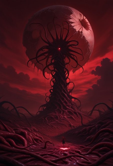 AMAZING QUALITY, MASTERPIECE, W1CK3D, SCENERY, RED SKY, CLOUDY, BROKEN MOON, NIGHTMARE, ELDRITCH, FLESH, RED THEME, GLOWING LIGHTS, HEART