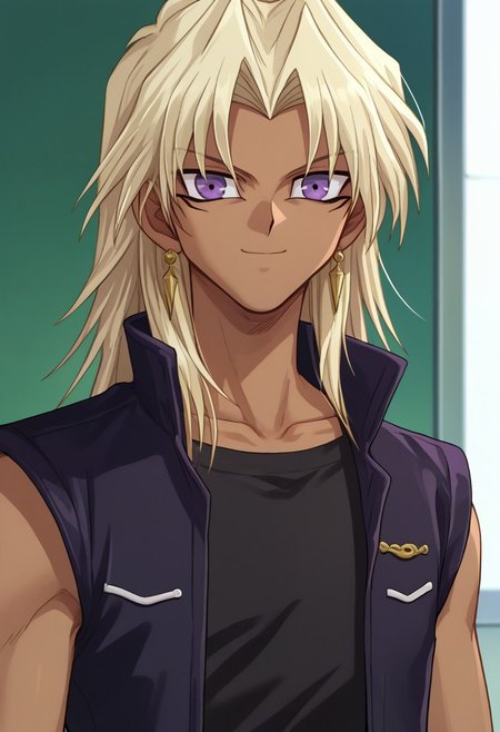 score_9, score_7_up, source_anime
marikuish, 1boy, male focus, solo, dark skin, dark-skinned male, purple eyes, blonde hair, long hair, parted bangs, shirt, black shirt, jacket, black jacket, sleeveless, smile, collarbone
outdoor,