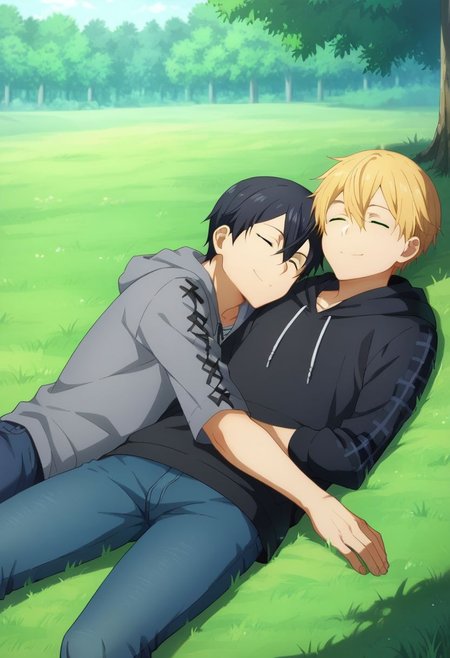 score_9, score_8_up, score_7_up, source_anime, highly detailed, 
1boy, 1boy,
Kazuto Kirigaya, SAO, black hair, black eyes,
and eugeo, green eyes,blonde hair,hair between eyes, green eyes, 
outdoor, tree, grass, lying down, tartan blanket, hoodie, jeans, socks, sleeping, embrace, smile, closed eyes, up view,