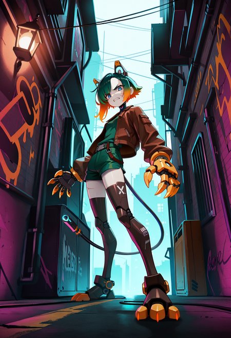 solo, 1girl, blue eyes, skinny, pale skin, ((orange hair), green hair, gradient hair), short hair, asymmetrical bangs, small breast, cyberpunk clothes,
robotic cat ears, ((cyber tail, claws, paws)), (scars), android augmentation, reelmech, mechanical joints, sleek mechanical parts, machinery, joints, cybernetic arms, (robotic legs, mechanical paws),
green shirt, green shorts, brown leather jacket,
looking at viewer, from below, side view,
standing, fighting stance, angry, teeth, dark alley, lamp, graffiti,
kunitarouartstyle,   <lora:kunitarouartIL-style:1>