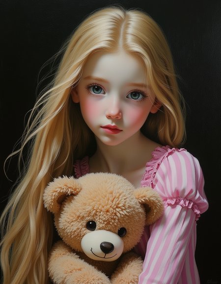 masterpiece, high quality, Oil Painting, Hyper-realistic, half body portrait of a young teen Rapunzel with a dramatic, gothic aesthetic. Rapunzel face is a pale, almost translucent white, with lips painted a vivid red. Her 70 foot long blond hair cascades all around her. She wears pink and white striped pajamas and clutches a teddy bear to her chest. Enchanted blue eyes. Her body is skinny and petite. Shadow and light, Masterpiece, intricate lines, intriguing atmosphere, sharp magnificent details, oil painting, delicate features, elaborate details, (2\3 rule composition:0.5), ultra detailed, romantic, Rembrandt lighting, brush stroke, lovely, del1cate_balance style, novuschroma, in the style of Rembrandt. vantablack <lora:style_of_Rembrandt_FLUX_135:.8> <lora:- Flux1 - vanta_black_V2.0:.3> <lora:Delicate_Balance:.3> <lora:neeeg_f1:-1> <lora:113_novuschromaFLX_1:.2> <lora:zavy-disney-rapunzel-fxl:.3>