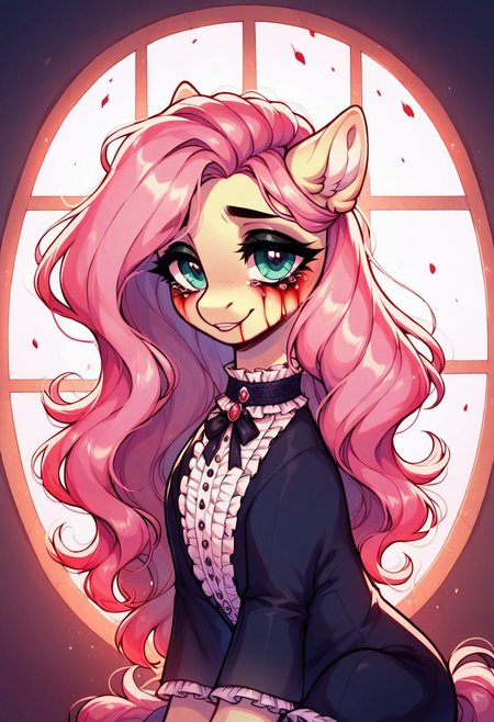 core_9, score_8_up, score_7_up, score_5_up,  score_pastel, ((masterpiece)), ((best quality)), (high detail), (ultra detail), Fluttershy, pony, (close-up face:1.2), gentle smile, (bloody tears:1.3), half-closed eyes, colorful and vibrant blood dripping, pastel gothic style, flowing mane, sitting by the window with blood-stained clothes, cinematic composition, dark and gloomy background with soft red lighting, intricate detailed shading, painterly brush strokes, glowing reflections, melancholic atmosphere, (spooky but beautiful), soft misty ambiance, horror elegance, dramatic lighting, perfect body proportions