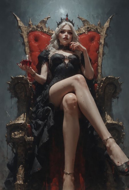 (score_9, score_8_up:1.1), score_7_up,   1girl, vampire queen, petite, white hair, long hair,  sitting on a golden throne, black royal dress, black royal miniskirt, thighs, crossed legs, from below, air of superiority, throne room, black tiara, nail polish, red fingernails, pale skin, bloody, red wine glass, bats,  <lora:d4rk01lXLP:0.7>  <lora:Concept Art Eclipse Style LoRA_Pony XL v6:0.5>