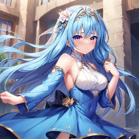 score_9, score_8_up, score_7_up,score_6_up,source_anime,upper body focus:1.2,in old city ,Quirinalis_Minashigonoshigoto,blue hair,long hair,purple eyes,blue dress,break,best quality:1.1,masterpeace:1.1,official art:1.3,uncensored:0.5