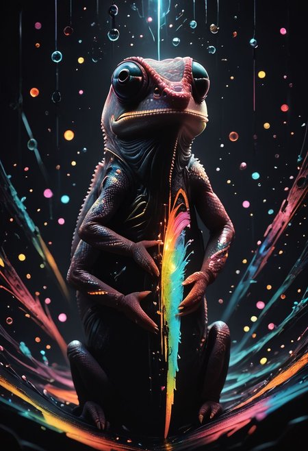 score_9, score_8_up, score_7_up, chameleon, lizard, feral, scales, realistic, abstract background, dark background, mad-neon-noir, noir, particles, colorful, zPDXL2