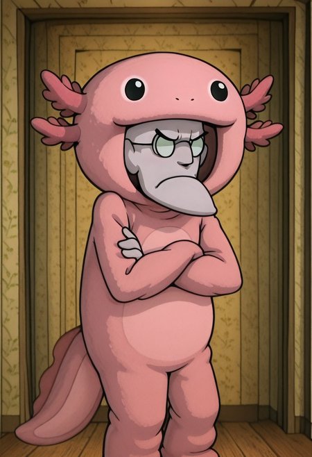 embedding:IllusP0s, axolotl costume, solo, 1boy, Eustace, Bagge, wearing an axolotl costume, grumpy expression, glasses, pointy chin, crossed arms,