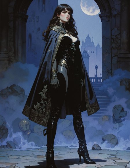  very aesthetic, realistic,

in the style of cksc, 

dark fantasy aesthetic. , digital artwork of a futuristic, natural colors, , epic.  luminescence, ultra realistic, hyper detailed, soft lighting , (Frank Frazetta), epic scale.
(detailed digital painting, detailed oil painting).

modest, beatiful, masterpiece, super detailed, breath taking, best quality, portrait shot. A dark courtyard. Argentine tango. There is a woman standing. (Tall woman, tight-fitting graphite velvet suit, wide hips, fully clothed, long sleeves, feminine hourglass figure. brown long hair, realistic skin, high-fitting boots from Cordoba, brocade cape). Dynamic, effective pose, looks at us with a sly look. The background is gradient dark fog, smoke. Emotional photo, dynamic pose., . (Depth of field).aidmaimageupgrader. masterpiece, best quality, , medium-format camera, high-contrast, dramatic lighting, striking composition, The overall composition feels cinematic. detail. mythp0rt, .

  
The background is minimalist, a gradient of shadowy blue tones, amplifying the ethereal and futuristic ambiance of the scene.
The overall composition feels cinematic. ,.
 
masterpiece, best quality, (depth of field),   high-contrast, dramatic lighting, striking composition,  CPA


(depth of field)
mythp0rt,
nigiex.  

 ,. masterpiece, ,, . .
  
  
