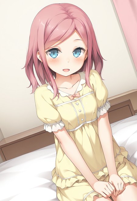 highres, best quality, masterpiece, indoors,
1girl, solo, kkanommk, pink hair, blue eyes,
yellow pajamas, puffy sleeves, yellow dress,
looking at viewer, blush, smile, open mouth, 
sitting, dutch angle, bedroom,
<lora:_momoka_koikano-elesico-ilxl:1>