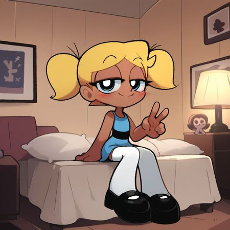 score_9, score_8_up, score_7_up, score_6_up, score_5_up, score_4_up, BREAK, source_anime, connie_maheswaran, indoors, short twintails, blonde hair, small breasts, black footwear, white thighhighs, smile, smug, blush, blue top, sleeveless, blue miniskirt, peace sign, pantsless, powerpuff, dark-skinned female, 1girl, sitting, indoors, living room, on bed,