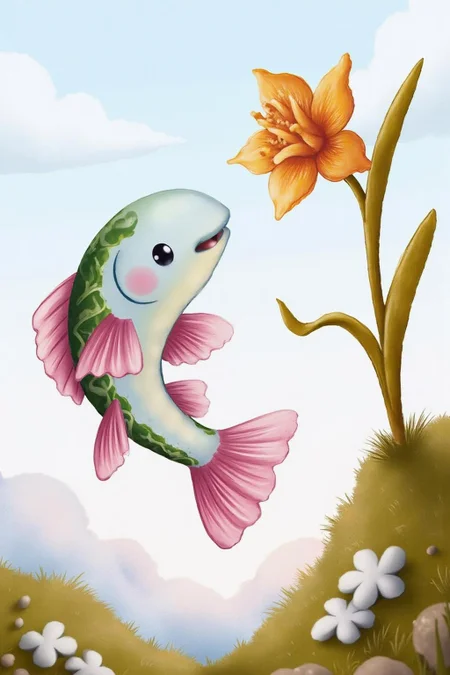 illustration. 
A fish jumping into the air on the left side of the image. It has a sleek, smooth body with a gradient of light blue and green scales, adorned with pink spots. Its pink fins shimmer, giving off a glow. The fish has a happy, curious expression with large, round eyes and a small, rounded mouth.
 <lora:alicesa1_cap_d6a3:1.0><lora:830692485450828570:0>