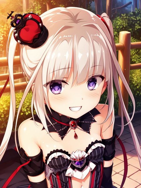 <lora:happy_tentacle-kuon-v0.2-000030:1>, ht_kuon, magician, black dress, vertical-striped dress, vertical-striped skirt, strapless, black thighhighs, detached collar, arm warmers, arm strap, navel, hair ribbon, mini crown, jewelry , outdoors, 1girl, solo, upper body , , ( grin :1), , looking at viewer , , , score_9, score_8_up, score_7_up, score_6_up, score_5_up, score_4_up