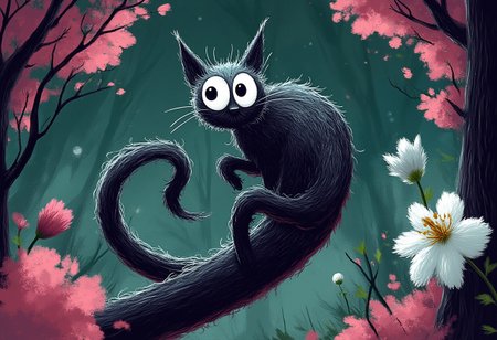 A whimsical illustration of a coiled cat with body like spaghetti in dark whimsical art style, spiraling impossibly long, perching among pink cherry blossoms and white lilies, digital painting with expressive brushstrokes showing stretched whiskers, moonlit forest background, characteristic Tim Burton inspired design with massive curious eyes