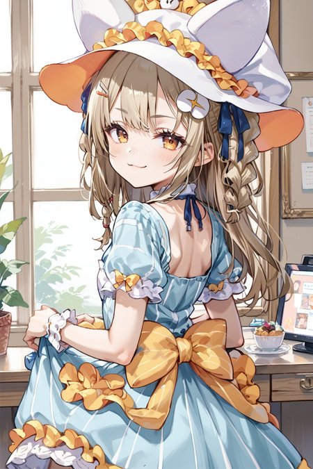 score_9, score_8_up, score_7_up, <lora:amemochi_nina_v1_pony:1>, source_anime, amemochi nina, cowboy shot, room, smug, cute, hat, frills, big yellow bow, back view, dress, looking at viewer, looking back, fake animal ears, white hat,
