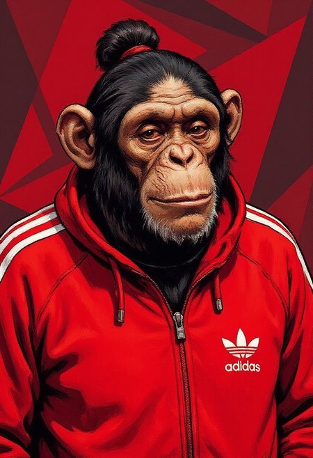 illustrated portrait of a a chimp with a man-bun wearing a red Adidas style tracksuit, the background are geometric shapes in a red and black colour scheme