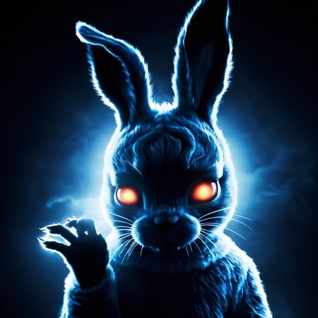 <lora:add-detail-xl:1>
<lora:detailed:0.3>
<lora:perfection style:0.3>
<lora:xl_more_art-full_v1:0.3>
 <lora:Donnie Darko film style:1>
a rabbit with a glowing eyes and a glowing claws,1girl,solo,glowing,monster , spiral glow, cinematic, film, Donnie Darko film style