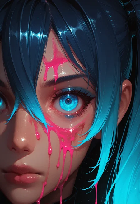 1girl, solo, blood, looking at viewer, blue eyes, portrait, pink blood, blue hair, lips, , dripping, eyelashes, makeup, multicolored hair, hair between eyes, close-up, hand up, blood on face, eye focus, glowing, long hair, closed mouth, gradient hair, twintails, glow in the dark, masterwork, masterpiece, best quality, dynamic lighting , dynamic pose,,  dynamic angle, , , (realistic:1.2), (lineless:1.2), detailed, <lora:Detailer_NoobAI_Incrs_v1:1>,
