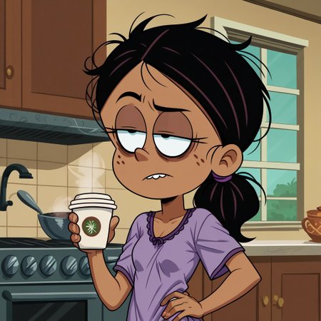 score_9, score_8_up, score_7_up, score_6_up, 1girl,solo,best quality,4k,
dark tan skin, black hair, hair down, messy hair, freckles on her cheeks, two buck teeth,show accurate, perfect anatomy, four fingers,
 indoors, kitchen background, show accurate, perfect anatomy, perfect hands, wear only purple nightgown, loose clothes, one hand holding cup of coffee, one hand on hip, perfect hands, bags under eyes, sleepy eyes, loose clothes, eyes half close, small breast,
