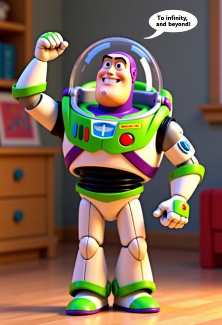 A full-body shot of Buzz Lightyear wearing his spacesuit with helmet. A text bubble from Buzz says, "To infinity, and beyond!". He looks determined and ready for action with one fist raised in the air. He's in a child's room. 3D, realistic animation, still from a Pixar movie.