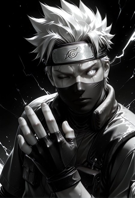 SmoothNoob_Quality, (greyscale:1.5), 1boy, hatake kakashi, naruto shippuuden, portrait, upper body,   fingerless gloves, medium spiked hair, forehead protector, one eye closed, glowing eyes, mouth mask, scar across eye, open hand, claw hand, (thunder sparks:1.1), spot color, black and white, dynamic angle, (black background),<lora:Mature_Comics_Style_-_NoobAI:1>,​​​