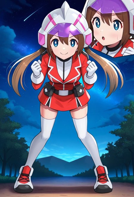 [hinosaki, pokemoa, gonzarez], 2d, masterpiece, best quality, amazing quality, 1girl, solo, close-up, standing, smile, upper body, full body, leaning forward, looking at viewer, starry sky, clouds, night, caprosa, blue eyes, white pupils, brown hair, long hair, twintails, bangs, helmet, red jacket, long sleeves, white gloves, black belt, belt pouch, red skirt, zettai ryouiki, white thighhighs, clenched hands