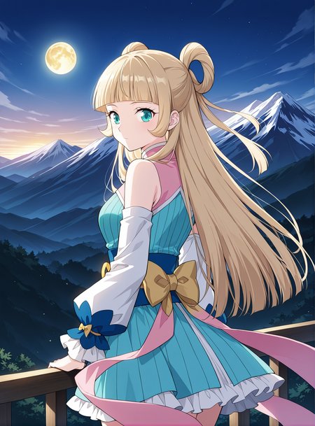 <lora:Mu_Qing_Luan__Battle_Through_the_Heavens__Illustrious:1>
1girl, solo, blonde hair, twin buns, long hair, ahoge, blunt bangs, teal eyes, anime style, 
blue and pink outfit, oriental dress, short dress, frilled skirt, pink sash, golden bow, detached sleeves, long sleeves, blue boots, big cuffs, ribbon details, open shoulders, 
score_9, score_8_up, score_7_up, source anime, BREAK, cowboy shot, (from side), looking back, looking at viewer, overlooking mountain, high altitude, scenery, exterior, background, night, golden moon