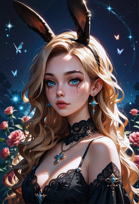 score_9, score_8_up, score_7_up, score_6_up, score_5_up, score_4_up,   1girl, rabbit ears, blonde wavy hair, long hair, beautiful, large eyes, piercing gaze, light brown skin, delicate makeup, calm expression,   black lace dress, low-cut neckline, ornate jewelry, intricate earrings with blue gems, necklace with cross pendant, luxurious clothing,   soft light, (twinkling stars in the night sky:1.1), glowing flowers, roses, peaceful atmosphere, elegant scene, gentle shadows, glowing ambiance,    <lora:Concept Art DarkSide Style LoRA_Pony XL v6:0.4> concept art, <lora:g0th1cPXL:0.4> <lora:incase_style_v3-1_ponyxl_ilff:0.3> <lora:Expressive_H-000001:0.6> expressiveh, <lora:sinfully_stylish_SDXL:0.4>