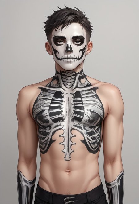 score_9, score_8_up, score_7_up, source_anime, highly detailed, 1boy, solo, cute boy, freckles, grey eyes, SKULLF4C3XL, skull tattoo, facial_tattoo, skeleton makeup, skull facepaint, skeleton body paint, shirtless, navel, pelvis