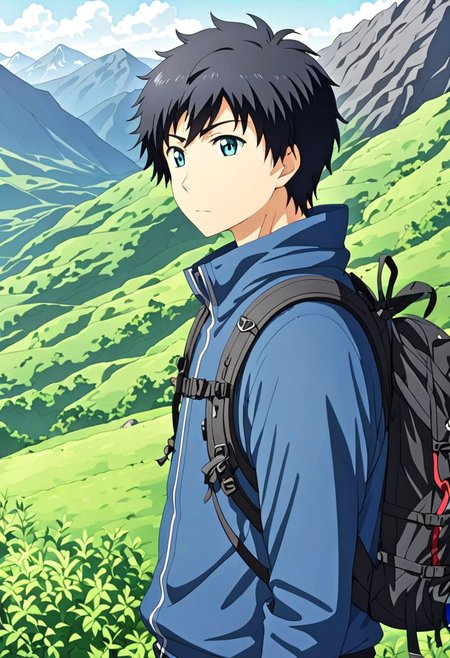 high resolution, solo, best quality, 1Boy, Arata Kaizaki, Black Hair, landscape, upper body, look at the view behind, upper body, high mountain, hiking gear, , OverallDetail