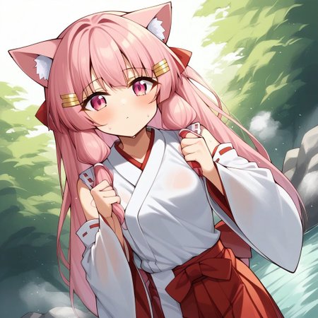 Aomokoka Style,nochekaisershot,
1girl,japanese clothes, hairclip, wide sleeves, ribbon trim, long sleeves, hakama skirt, miko, sleeves past wrists, red hakama, white kimono, tabi, ribbon-trimmed sleeves, pinching sleeves,yuika3,cat ears,Expressiveh,nochekaisershot,pink hair,solo,pink eyes