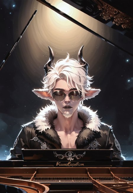 safe_pos, concept art, digital art, realistic, 1male, faun, short hair, white hair, white soul patch, stylish, solo, neat hair, sunglasses, korean, k-pop star, shirtless, fur coat, black horns, long ears, faun ears, pale skin, white facial hair, straight hair, combed hair, chin beard, black eyebrows, black lips, black nose, playing piano, spotlight, somber, beautiful, eyes closed, tears, full body, grand piano, soft green lighting, death close, long pants, starry sky