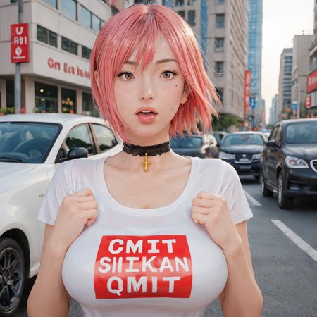 score_9,score_8_up,score_7_up, orgasm face, shiny oild skin, sweat, 
1girl, papiko, solo, choker, breasts, mole, cross, shirt, large breasts, lips, brown eyes, nail polish, clothes writing, pink nails, 
city in background, cars, traffic, 
 <lora:Chiho_Johansson_Papiko_-_Gigant_Hiroya_Oku:0.85>