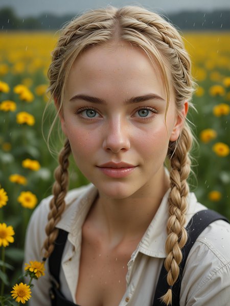 ( detailed realistic background:1),
( official art, beautiful and aesthetic:1 ),
realistic lighting,
cinematic lighting,
hyperrealism,
soothing tones,
muted colors,
high contrast,
soft light,
sharp,
artistic photoshoot,
( cute, petite:1.2 ),
slender,
european,
pale cheeks,
square face shape with angular jaw,
natural "no-makeup" makeup,
voluptuous full ass ,
senior,
platinum blonde hair ,
dutch braid hairstyle  ,
on back 
Mechanical Flower Field  ,
refreshing rain on a warm day  ,
midnight sky  ,
Firefighter Uniform 
pants 
wool sock 
 ,
squinting eyes smile ,
looking at viewer,