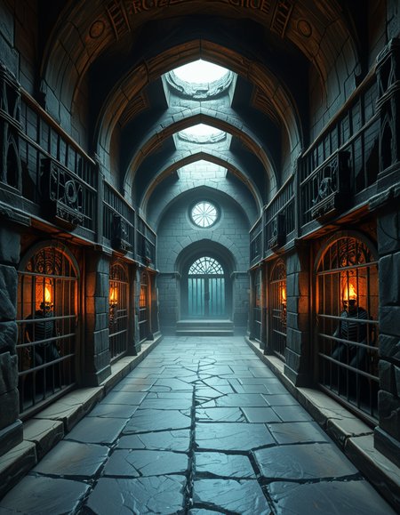 Deep within the necromancerâs fortress lies the Cell Block of the Damned, an endless crypt of imprisonment where no living beings resideâonly echoes of suffering and the restless remains of those long forgotten. The architecture is grotesque and unnatural, a fusion of blackened stone, rusted iron, and calcified bone, as if the walls themselves were formed from the fused remains of the dead. The air is cold, stale, and thick with an unnatural mist that coils like spectral fingers along the cracked floor.
Endless rows of iron-barred cells line the cavernous chamber, their interiors cloaked in unnatural darkness. Some cells contain skeletal figures, shackled in rusted chains, their hollow eye sockets glowing faintly with eerie green or crimson light. Others house shadowy wraiths, their indistinct forms flickering like dying embers, bound by ancient runes etched into the very fabric of the stone. A few cells appear completely empty, yet whispers emanate from withinâechoes of prisoners that no longer exist, but whose agony remains imprinted upon reality itself.
The walls pulse faintly, veins of necrotic energy coursing through their surface, feeding upon the despair and suffering trapped within. Chains dangle from the ceiling, some still swinging slightly as if disturbed by unseen forces. Along the floor, pools of black ichor seep from cracks in the stone, shifting unnaturally as if alive, swallowing anything that lingers too long.
At the heart of the chamber stands a monolithic iron cage, its bars twisted and gnarled, as though shaped by something with no regard for natural law. Inside, a shifting mass of bone, spectral energy, and dark mist writhes in eternal torment, its presence a gravitational wound in reality itself. The cage hums with an ominous resonance, its locks sealed with infernal sigils that glow with unholy fire, ensuring that whatever lurks within remains containedâfor now.
Above, an ancient stone archway looms, inscribed with ever-changing runes that bleed a slow, black liquid. Beyond it, the corridor stretches endlessly, shrouded in a choking fog where shapes move in the distance, watching, waiting. No footsteps ever echo in this place. No voices call out. Only the whispers of the forgotten, the endless creaking of rusted metal, and the sensation that somethingâsomething old, something hungryâis always watching.
This is not a prison.
It is a tomb for souls, a place where the dead are left to fester, to wither, and to become something else.
Style & Mood :
- Dark fantasy, gothic horror, necromantic aesthetics
- Cinematic, highly detailed, eerie lighting
- Infernal atmosphere, filled with shadows, glowing runes, and spectral entities
- Inspired by the works of ZdzisÅaw BeksiÅski, H.R. Giger, and dark medieval occultism
 <lora:SDXLFaeTastic2400:0.4> <lora:extremely_detailed:0.4> extremely detailed,<lora:necromancer_c3ll_bl0ck:1>,necromancer c3ll bl0ck, Masterpiece,best quality,hi res,8k,hi res,8k,award winning,(sharp focus, intricate, highly detailed),