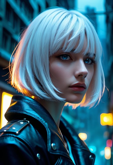 (((score_9), score_8_up), score_7_up), 1girl, 20 year old girl,<lora:Hairstyles:0.8>, face focus, short hair, white hair, short hair, bob cut, long bangs, leather jacket, urban background, dark eyes, overcast, looking at viewer, indirect light, sharp, hyperdetailed:1.15   <lora:lighting Slider_alpha1.0_rank4_noxattn_last:-1.8>