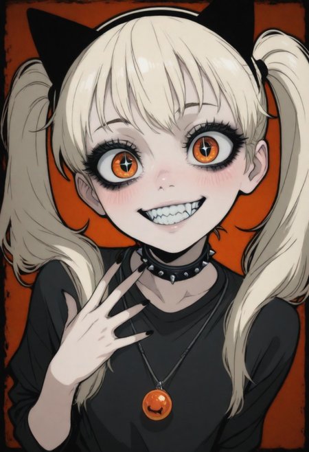 ( colored illustration with a bold black outline :1.8),Young woman, light blonde hair, pigtails, cat ears headband, expressive eyes, vivid yellow, mischievous grin, sharp white teeth, light blush,  whitish-cream colored,  simple crew neck t-shirt,  black spiked choker necklace, reddish-orange pendant,  black finger nails,  posed casually,  reddish-orange background,  stylized anime art style,  vibrant, detailed,  slightly exaggerated features,  close-up perspective,  soft lighting,  digital painting,  kawaii.