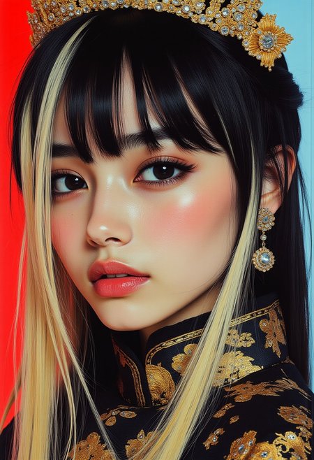 abstract photorealistic ink image in vivid, surreal colour glitch gradient, very close up side portrait of japanese princess in sumptuous black and gold cheongsam, two tone hair, long dark hair with bleached blonde highlights, earrings, tiara; black, gold, red and blue colour scheme