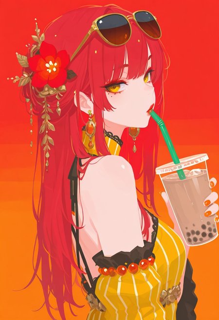 masterpiece,best quality,amazing quality, 1girl, solo, long hair, looking at viewer, golden eyes, hair ornament, dress, holding, jewelry, red hair, upper body, flower, earrings, food, detached sleeves, hair flower, striped clothes, nail polish, mole, from side, red sky, cup, looking to the side, mole under eye, makeup, yellow dress, fruit, orange background, sunglasses, holding cup, eyewear on head, orange nails, red flower, vertical-striped clothes, drinking straw, red theme, drink, red lips, striped dress, vertical-striped dress, holding drink, bubble tea, drinking straw in mouth, h4ra_illu